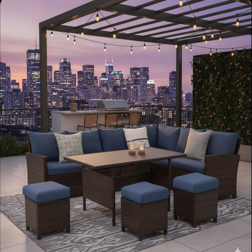7 Piece Patio Dining Set With Cushions, Modular Sectional Sofa & Storage Table