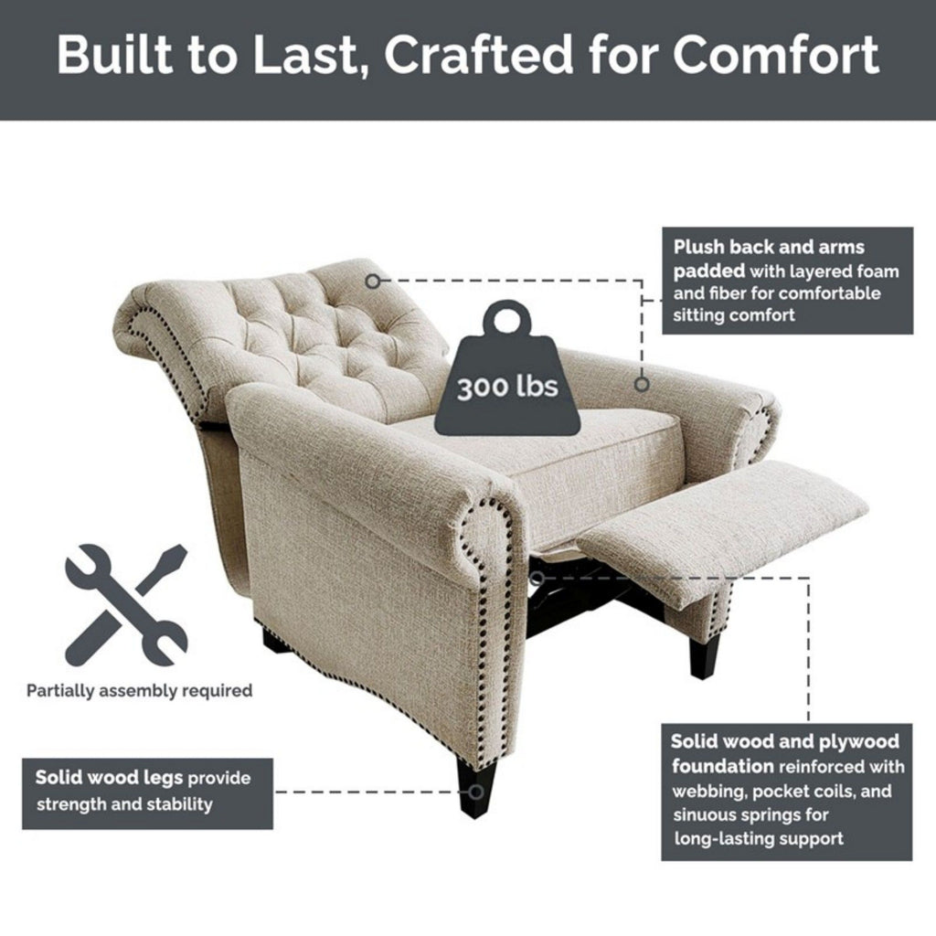 Aidan - Push Back Recliner Chair With Tufted Back And Nailhead Trim - Cream