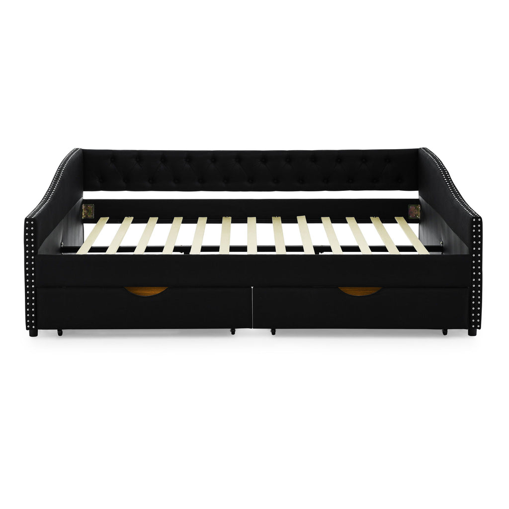 Upholstered Tufted Daybed With 2 Drawers, Waved Arms