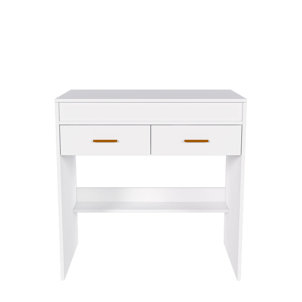 Flip Top Vanity Desk With LED Mirror & Outlet Makeup Table With 2 Drawers, Open Storage, And Jewelry Hooks - White