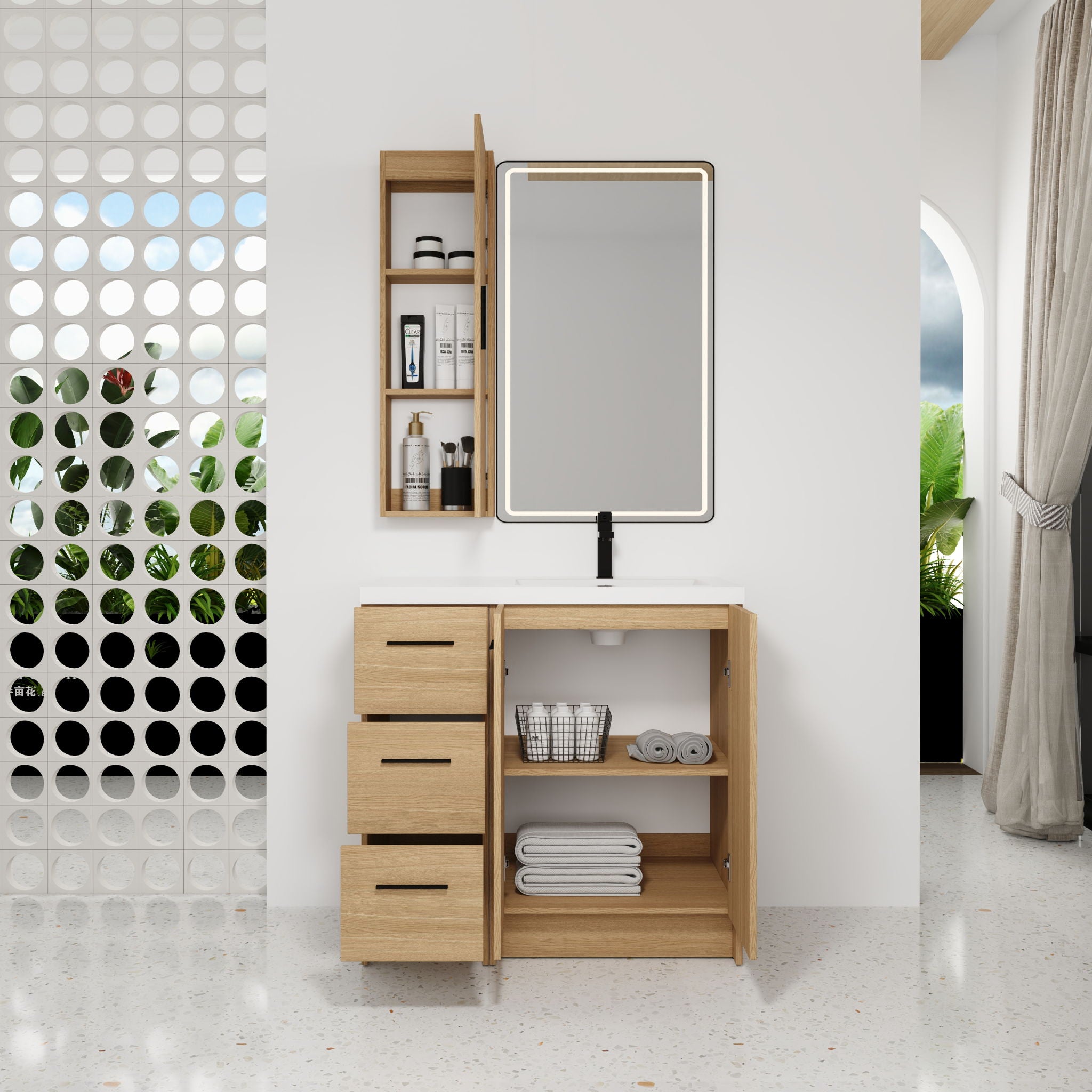 Freestanding Bathroom Vanity Set With Tall Linen Cabinet, 3 Drawers And Large Storage, Single Sink