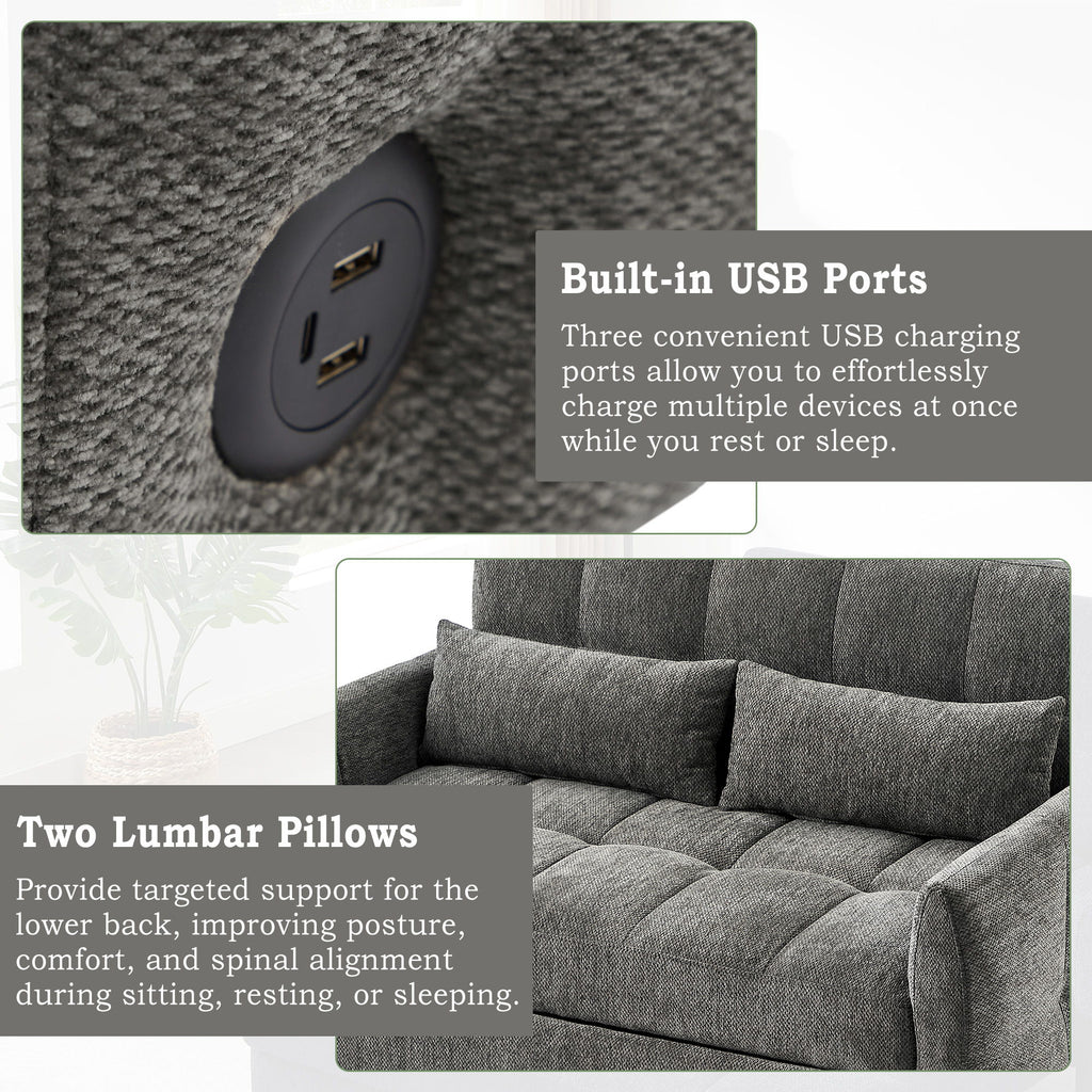 Loveseat Sofa Pull-Out Bed With Adjustable Backrest, 3 USB Ports And 2 Lumbar Pillows For Living Room