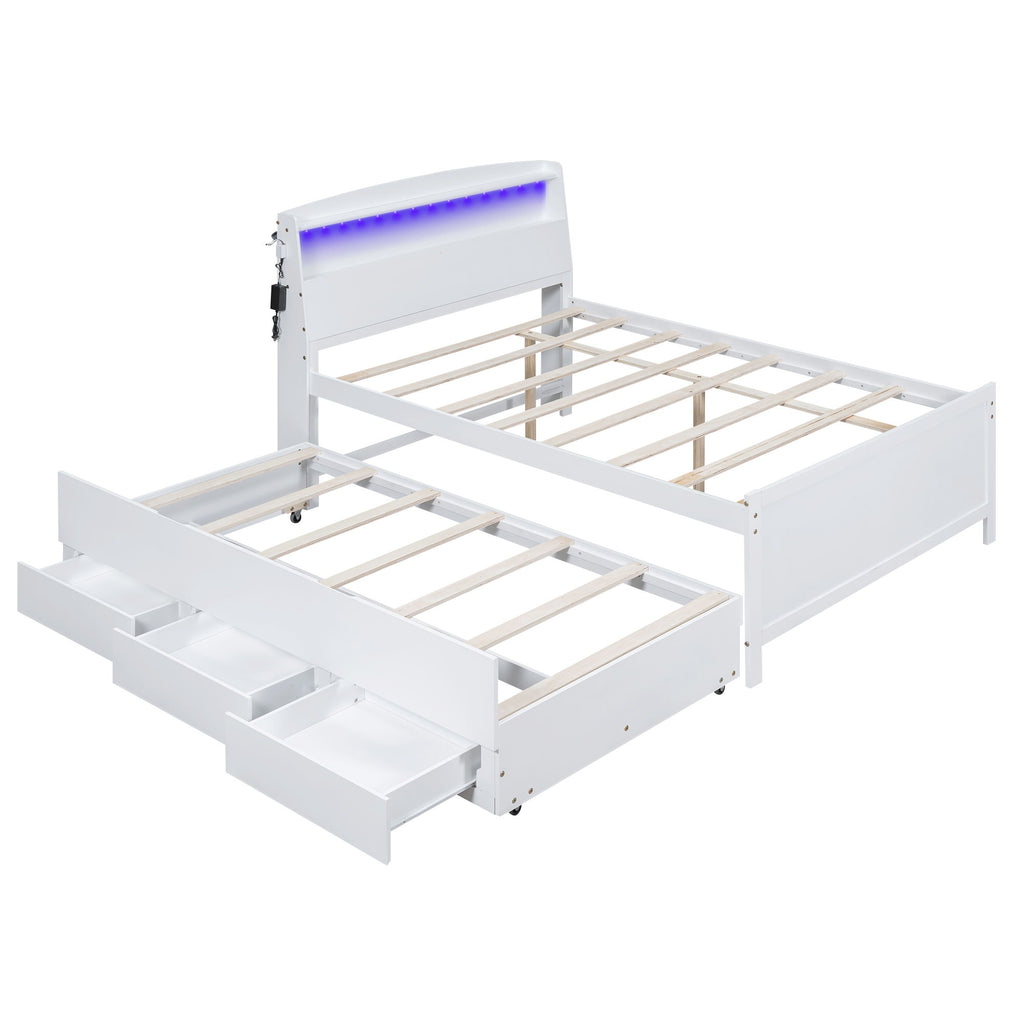Full Size Platform Bed With Storage LED Headboard, Twin Trundle And 3 Drawers - White