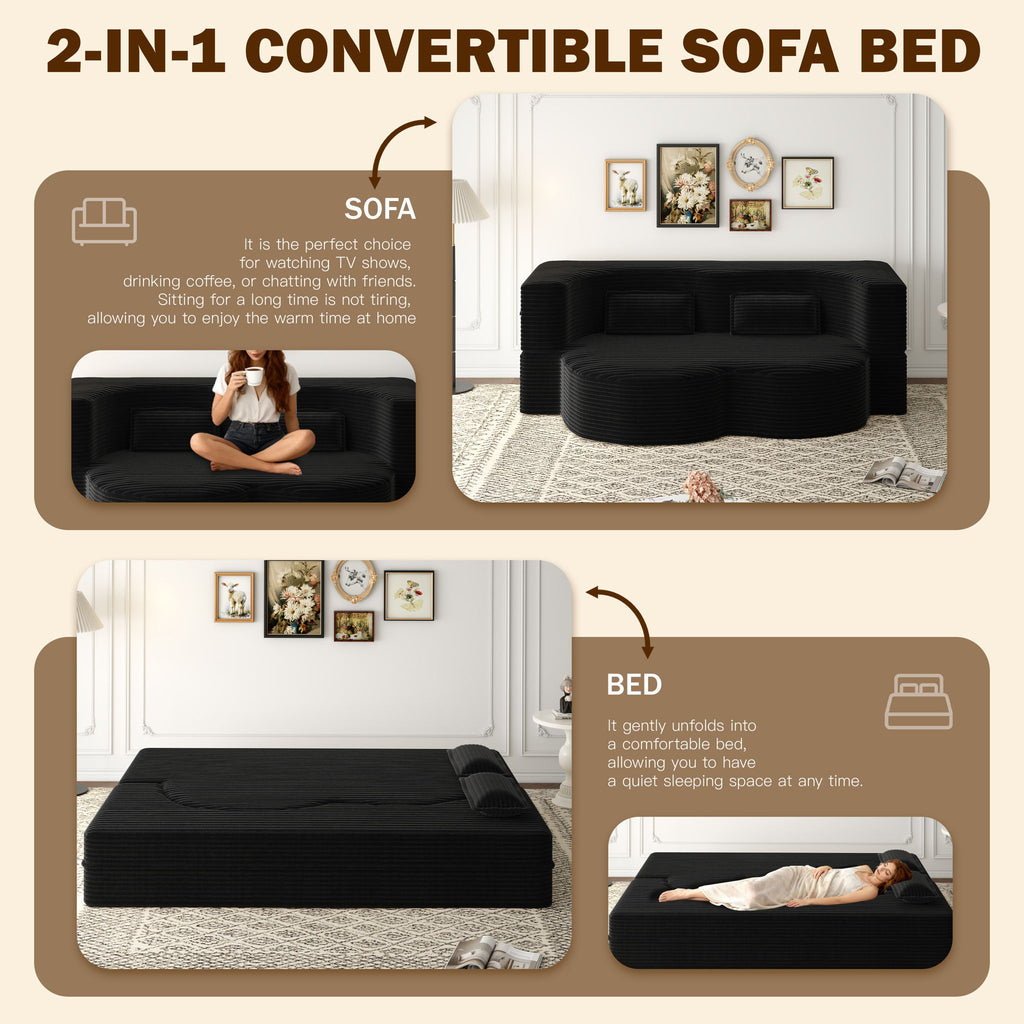 Modern Floor Sofa With 2 Pillows, Convertible Twin Size Folding Mattress For Living Room