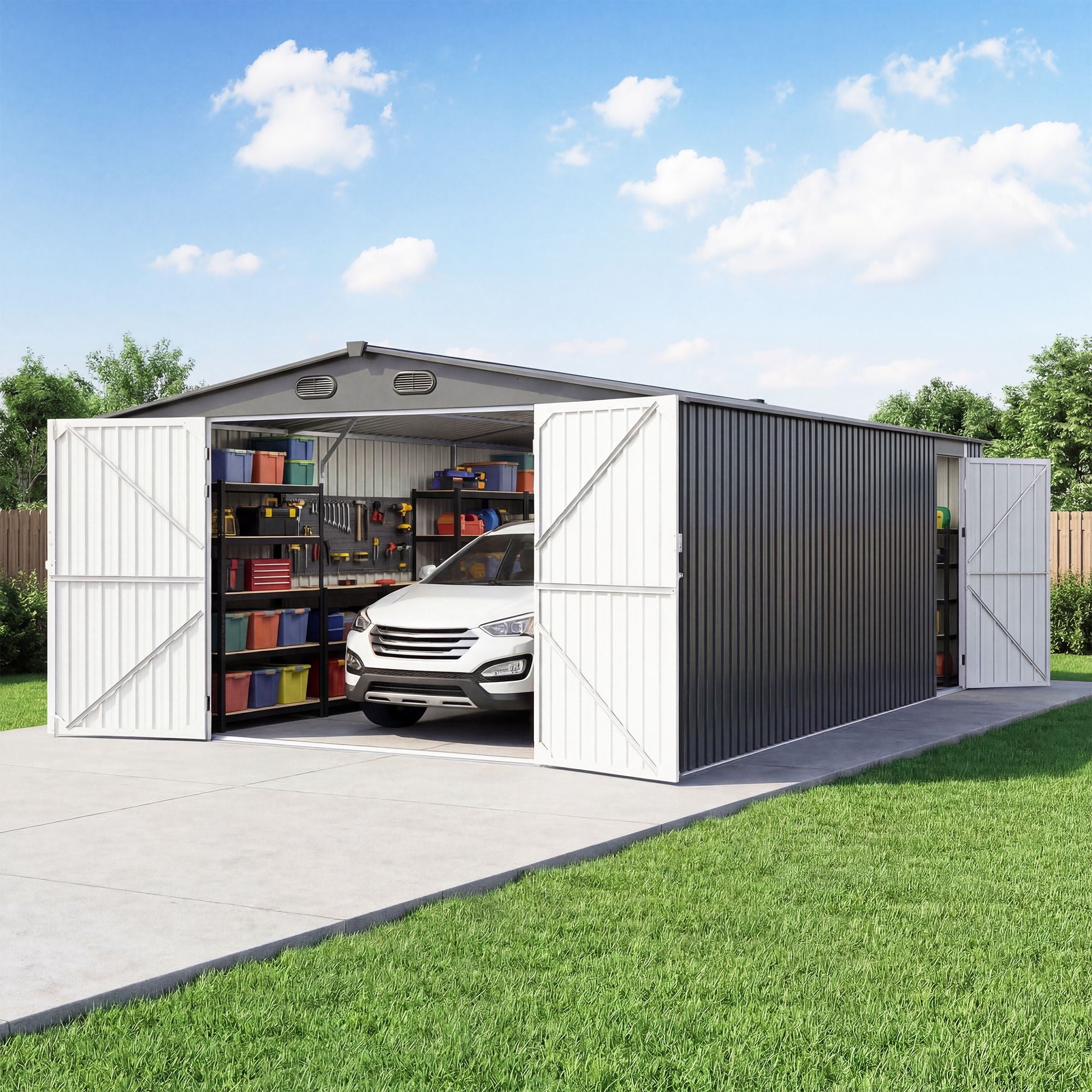 Outdoor Storage Shed, Metal Garden Shed Backyard Utility Tool House Building With 2 Doors And 4 Vents For Car, Truck, Bike, Garbage Can, Tool, Lawnmower