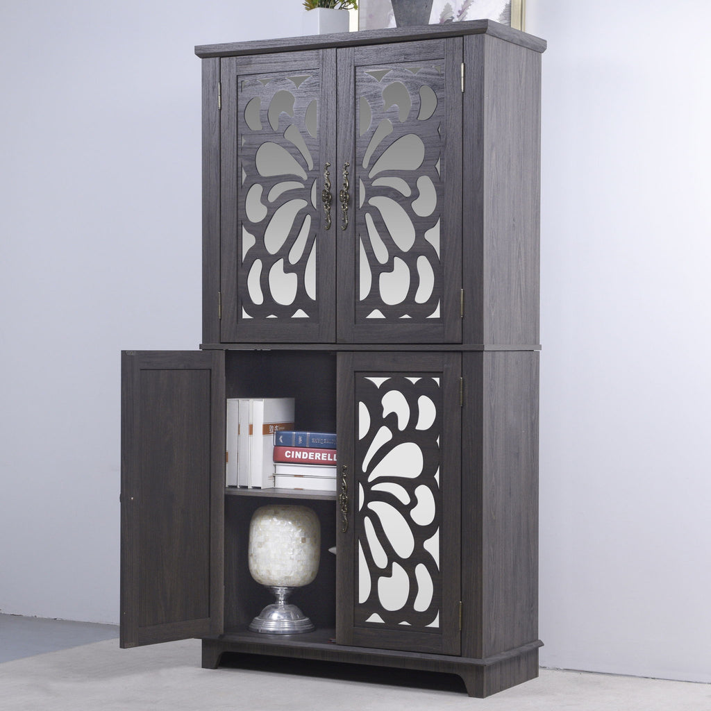 Modern Sideboard Buffet With 4 Mirrored Doors, Adjustable Shelves