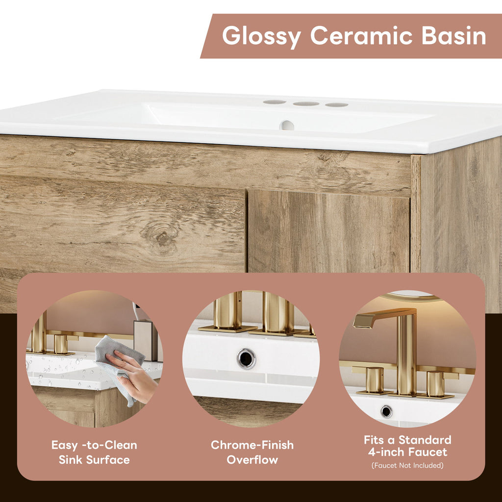 Bathroom Vanity Cabinet With Sink, Sliding Drawer, Soft Closing Door, Open Shelf - Natural Wood