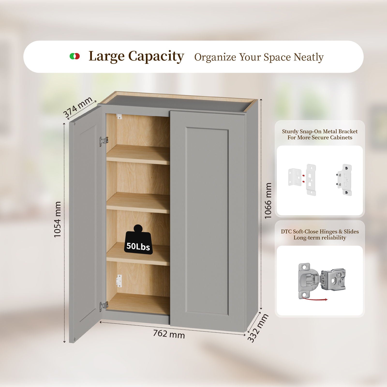 Shaker Wall Cabinet With Soft-Close Doors, Adjustable Shelves