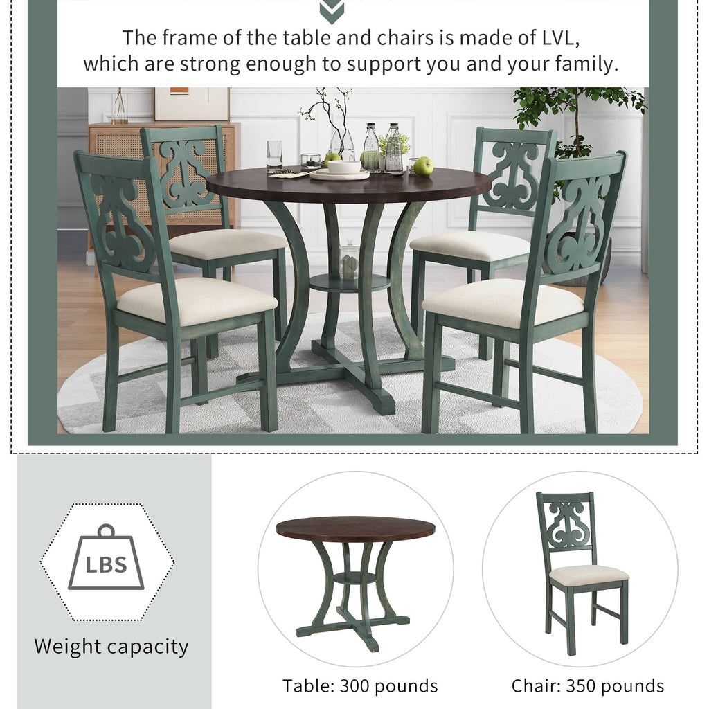 5 Piece Round Dining Table And Chair Set With Unique Legs And Hollow Chair Back