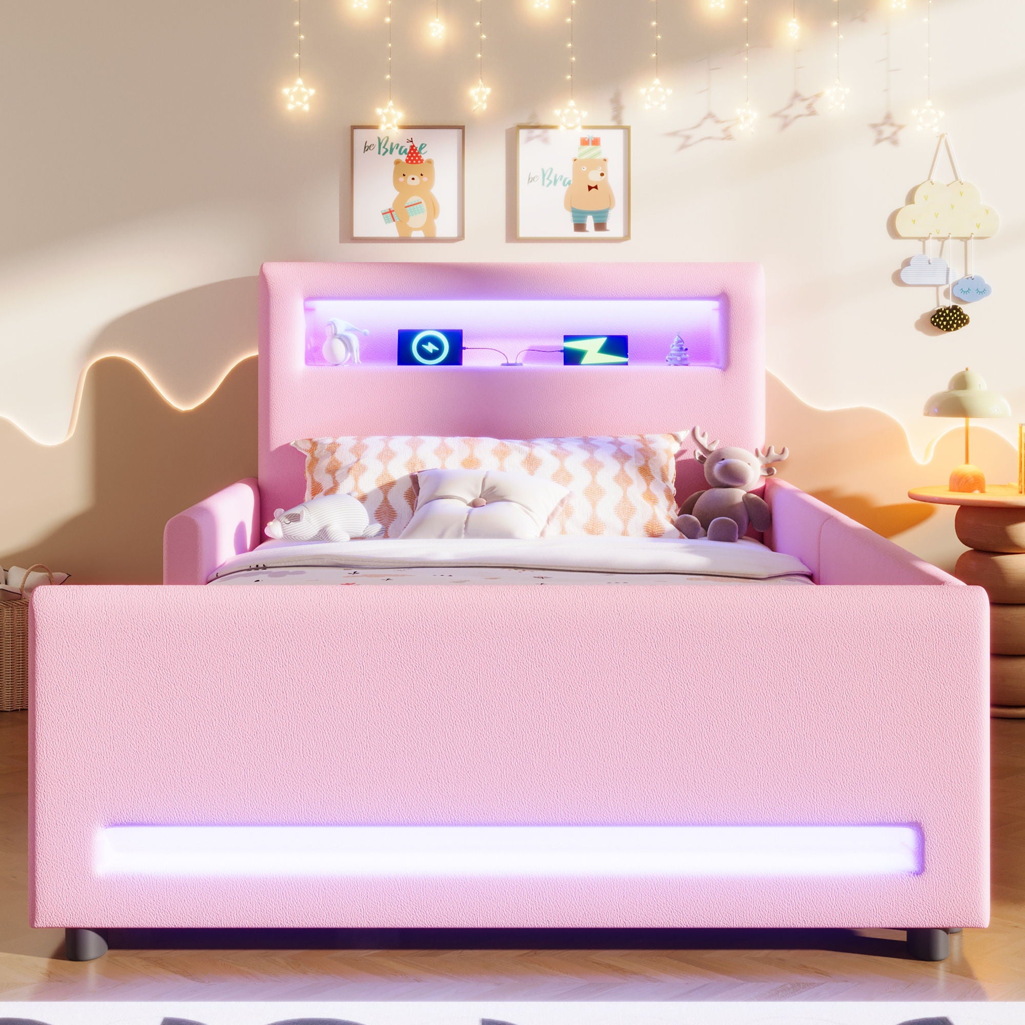 Upholstered Platform Bed With Drawer, LED Light Strip, USB Port
