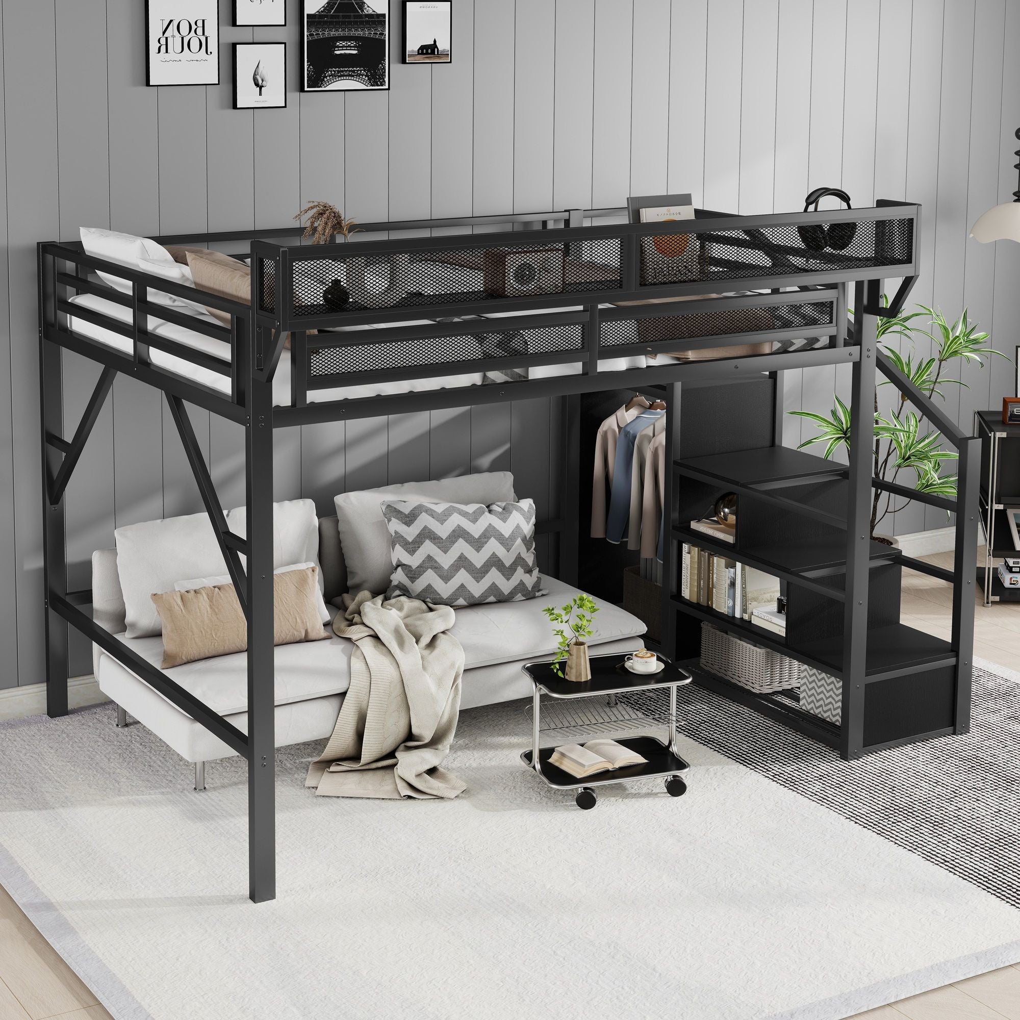 Queen Size Loft Bed With Stairs, Storage Shelves, Wardrobe - Black
