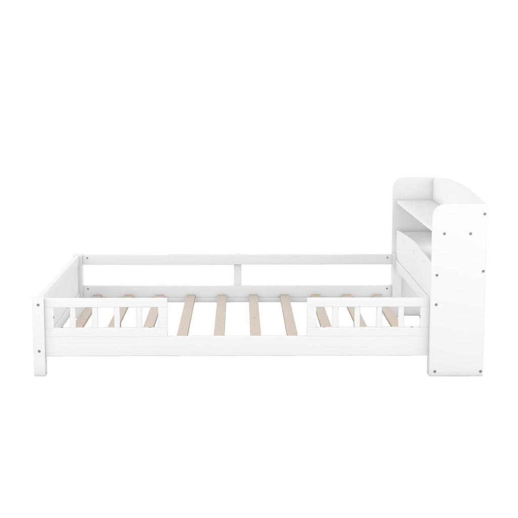 Wood Platform Bed With Built In LED Light, Storage Headboard And Guardrail