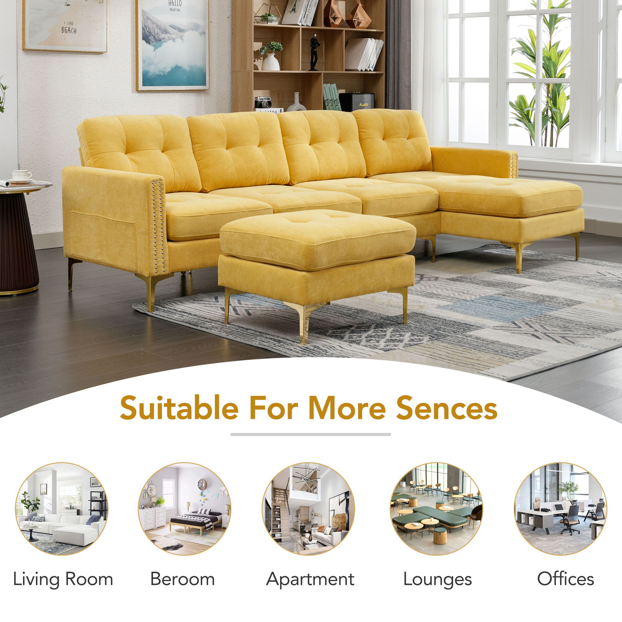 Modern L - Shape Convertible Sectional Sofa With Movable Ottoman
