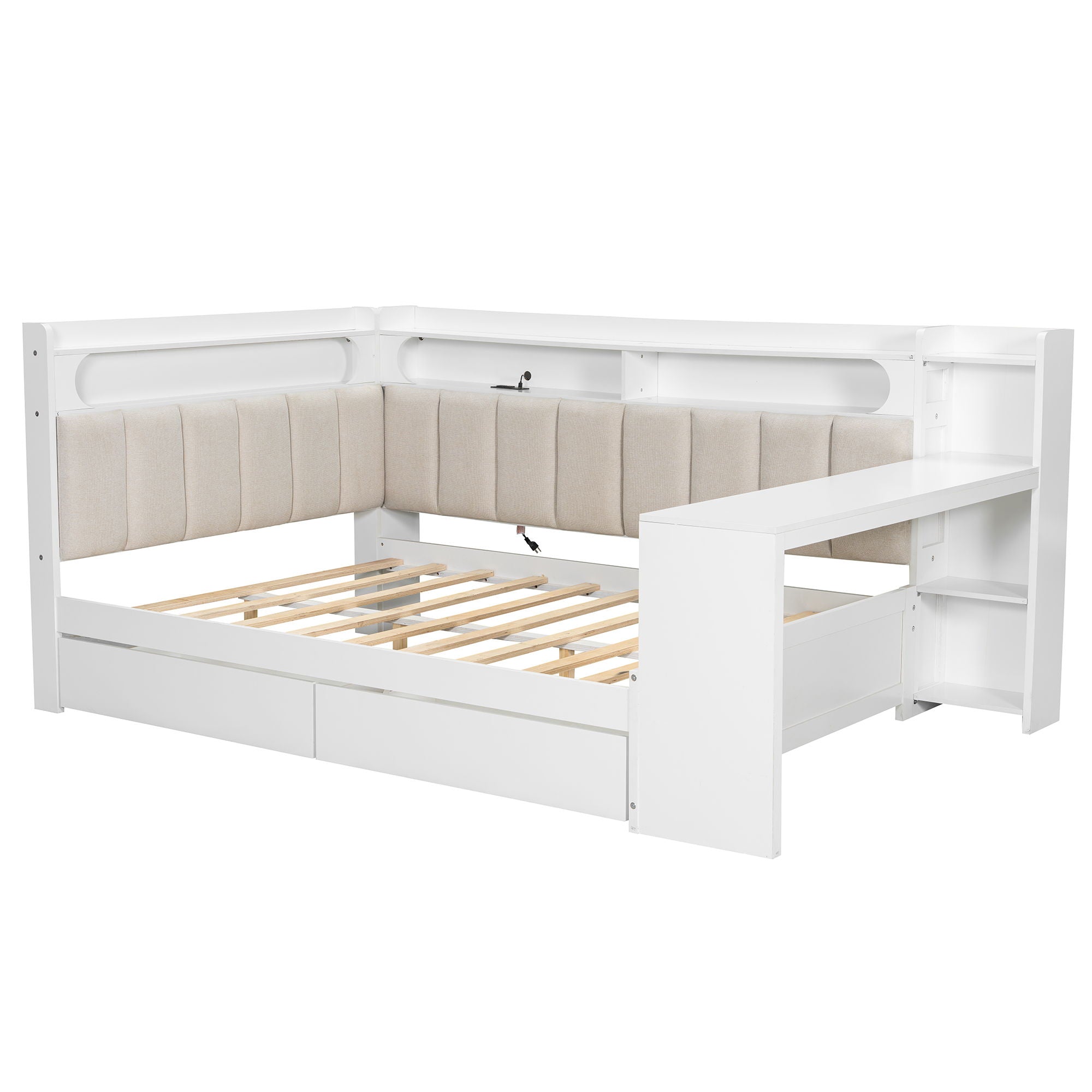 Daybed With Upholstered Headboard, Storage Shelves, Drawers, Charging Station, LED Light, And Adjustable Desk