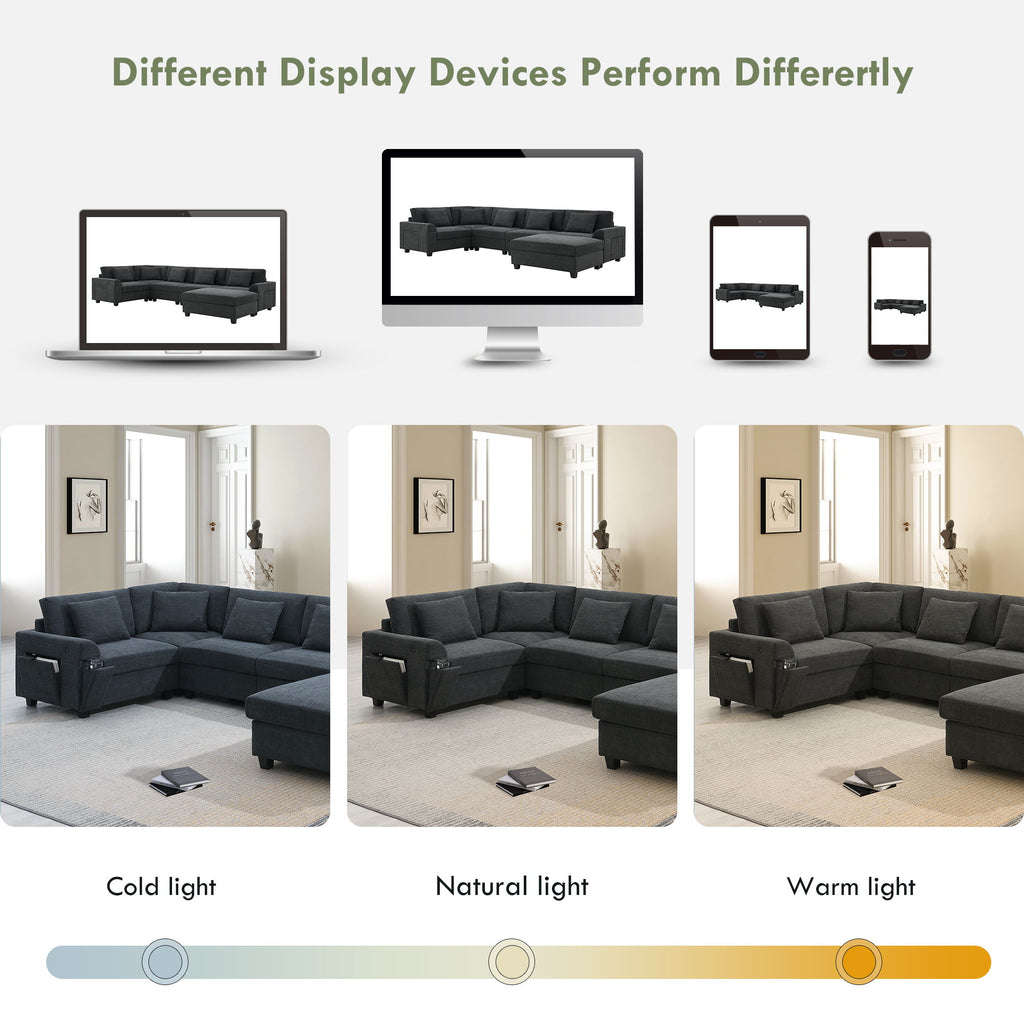 U Shaped Sectional Sofa 6 Seat Couch Set With Oversized Ottoman, Hidden Armrest Storage And Cup Holders USB Charging Ports Wide Seat Sofa