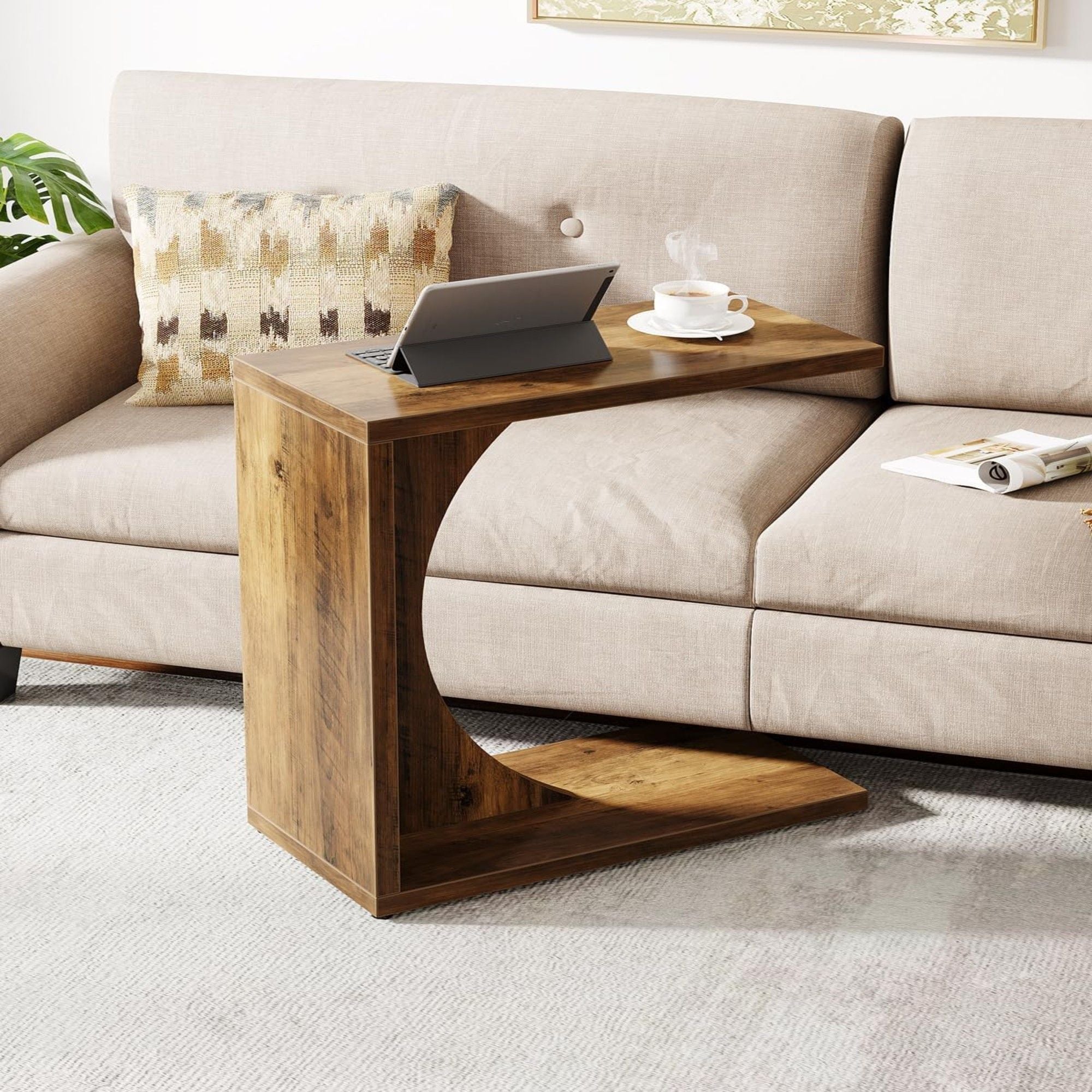 C - Shaped End Table For Couch - Rustic Brown