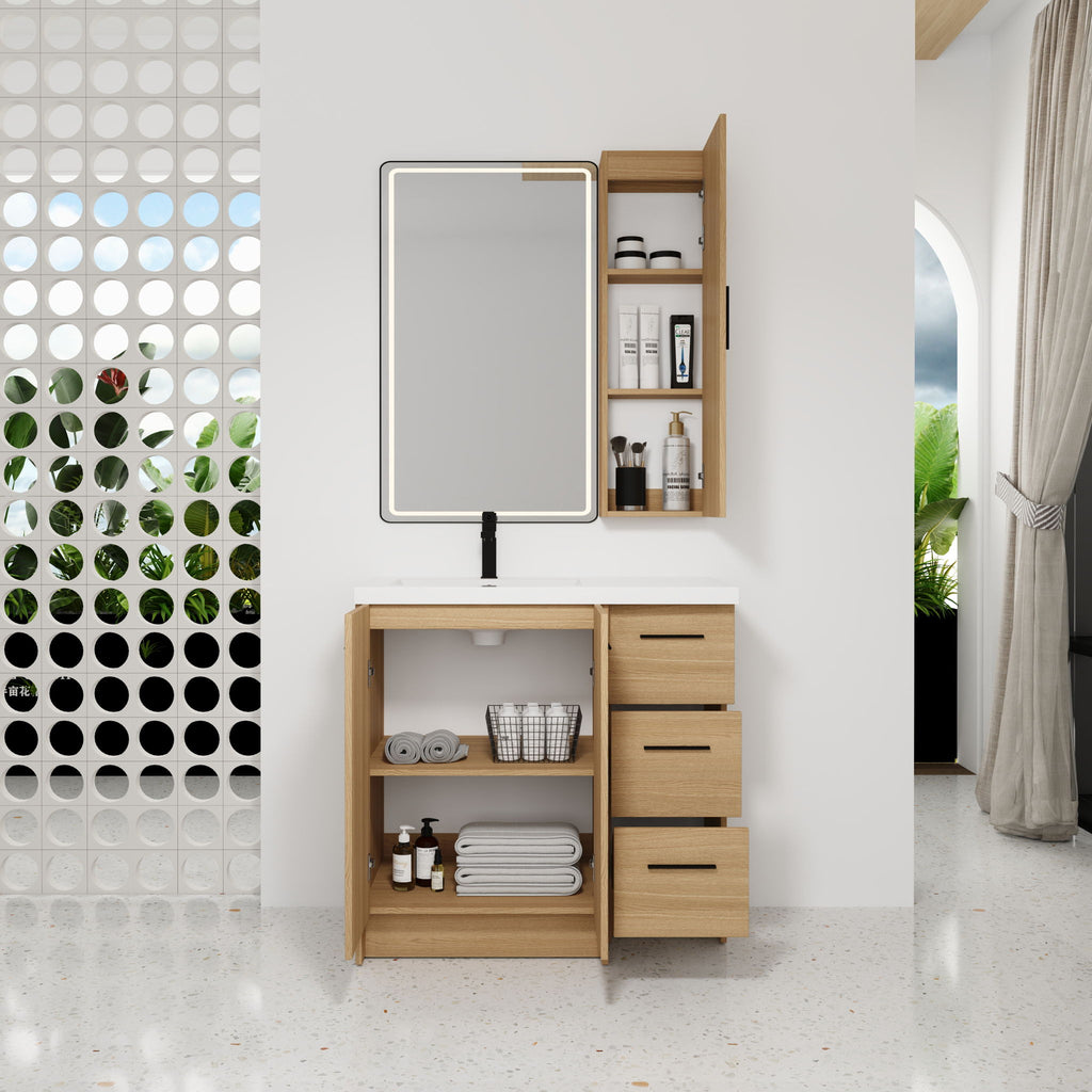Freestanding Bathroom Vanity Set With Tall Linen Cabinet, 3 Drawers And Large Storage, Single Sink
