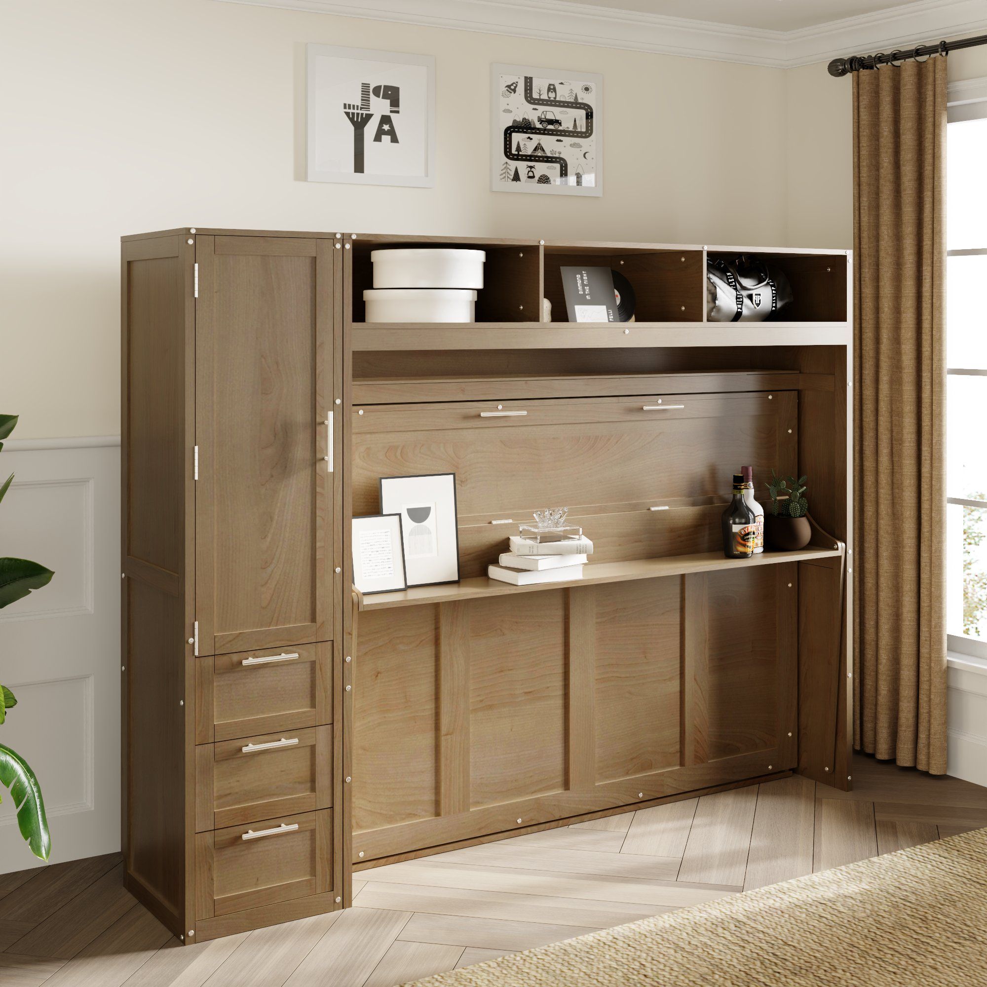Full Size Murphy Bed With Wardrobe, Drawers, And Open Shelves - Wood