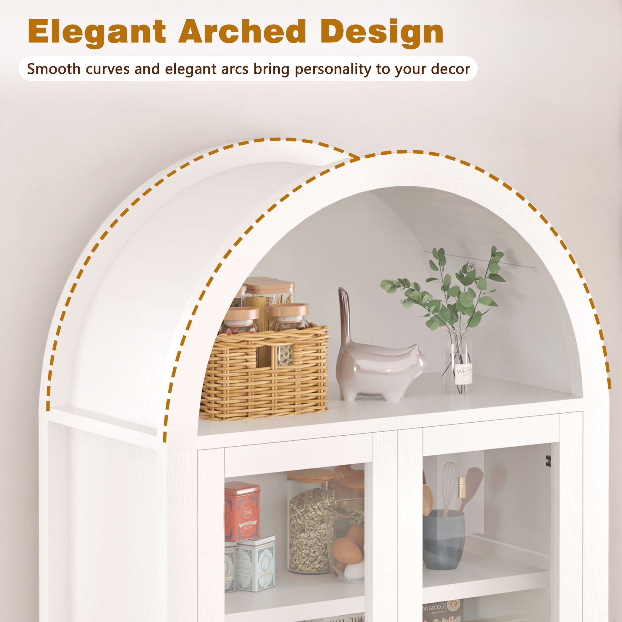 Fluted Tall Arched Pantry Cabinet With Adjustable Shelves, Glass Door & Hidden Drawer For Kitchen