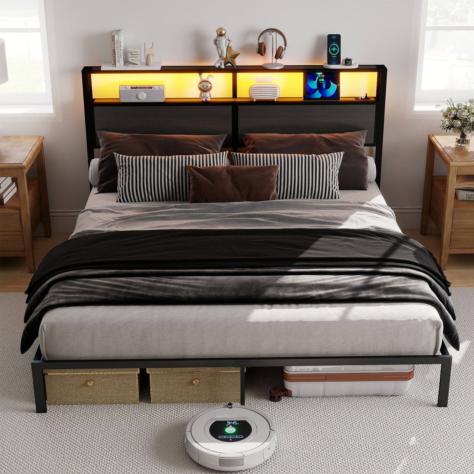 Bed Frame With Headboard, LED Lights & Charging Station