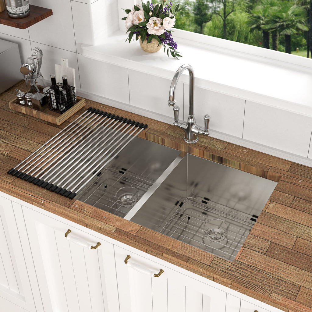 Undermount Double Bowl Kitchen Sink 16 Gauge With 9" Deep Basin - Brushed Nickel