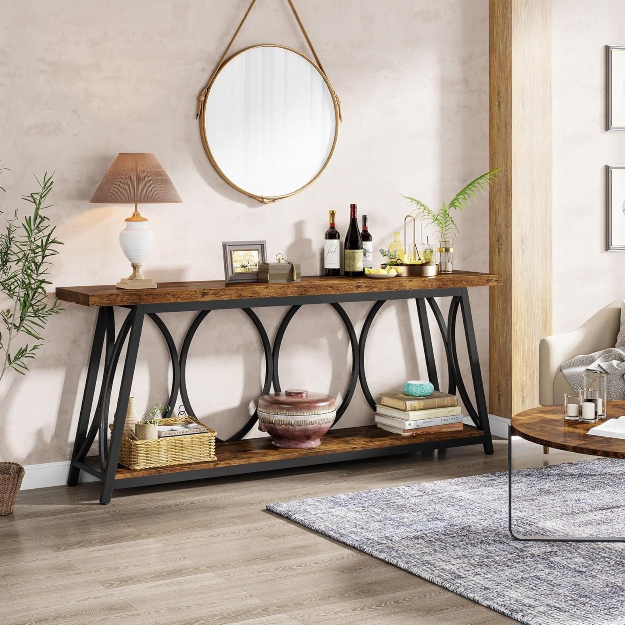 Extra Long Console Table With 2 Tier Storage Shelves For Living Entryway - Brown / Black