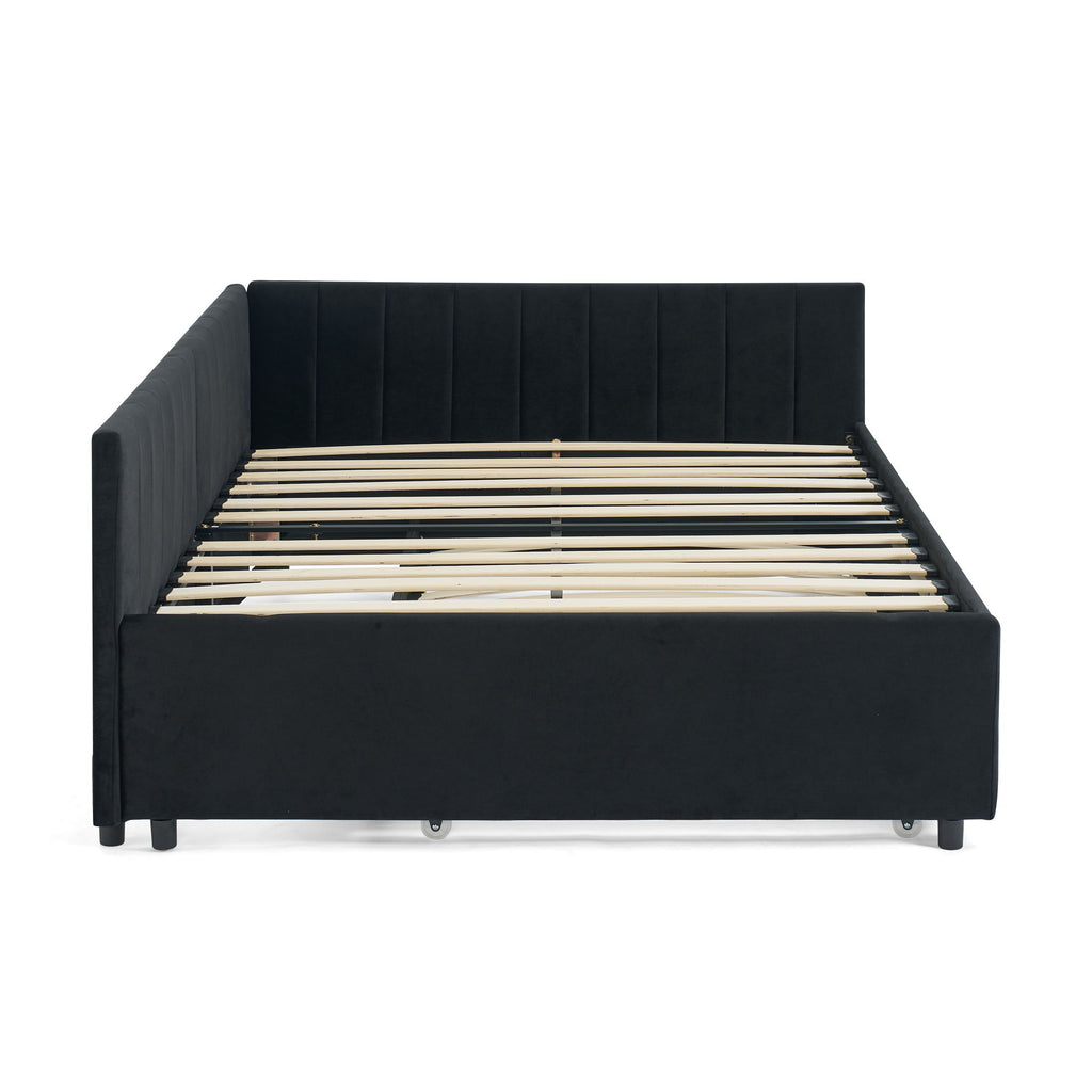 Full Size Upholstered Daybed With Trundle, Tufted Backrest And Armrests - Black