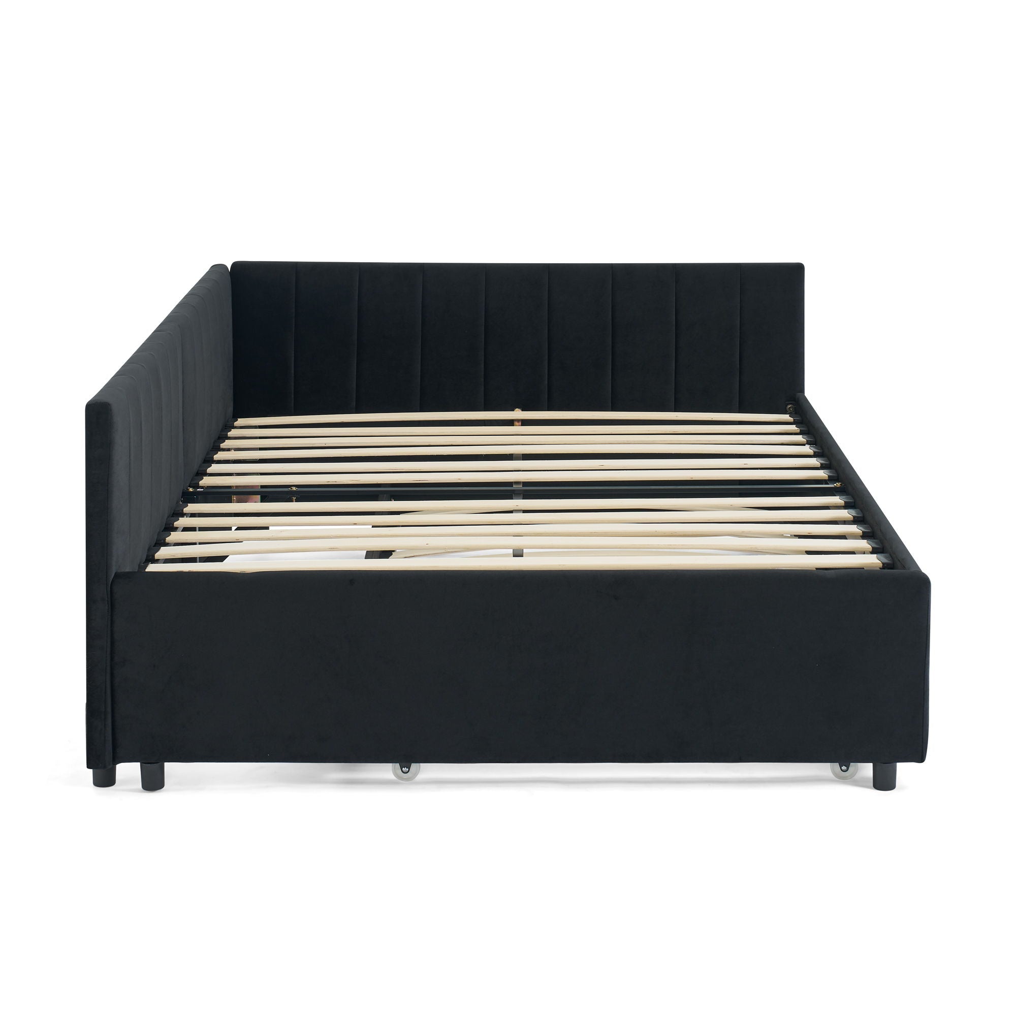 Full Size Upholstered Daybed With Trundle, Tufted Backrest And Armrests - Black