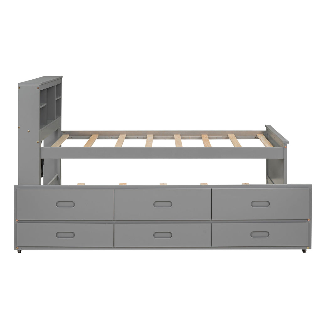 Platform Bed With Storage Headboard, USB, Trundle And 3 Drawers