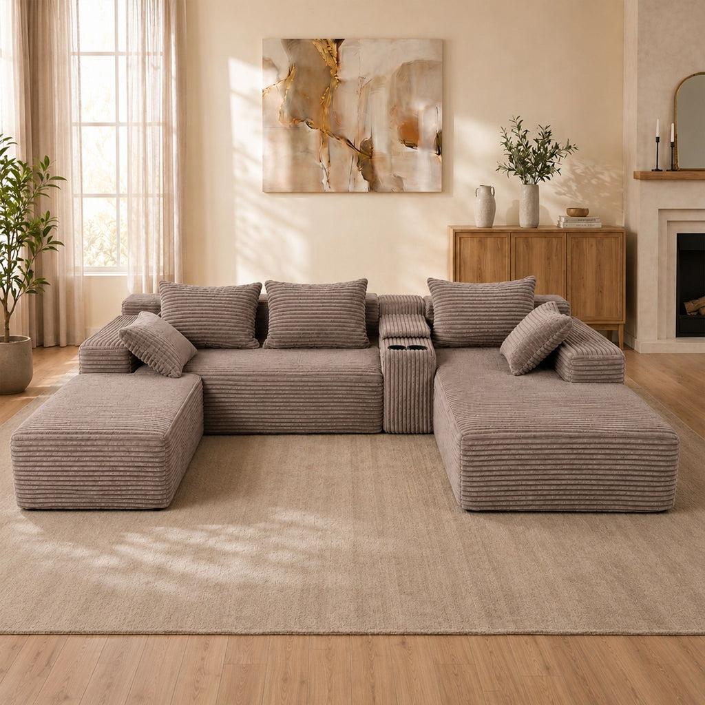 U-Shaped Modular Sofa With Cup Holders And Storage For Living Rooms - Coffee
