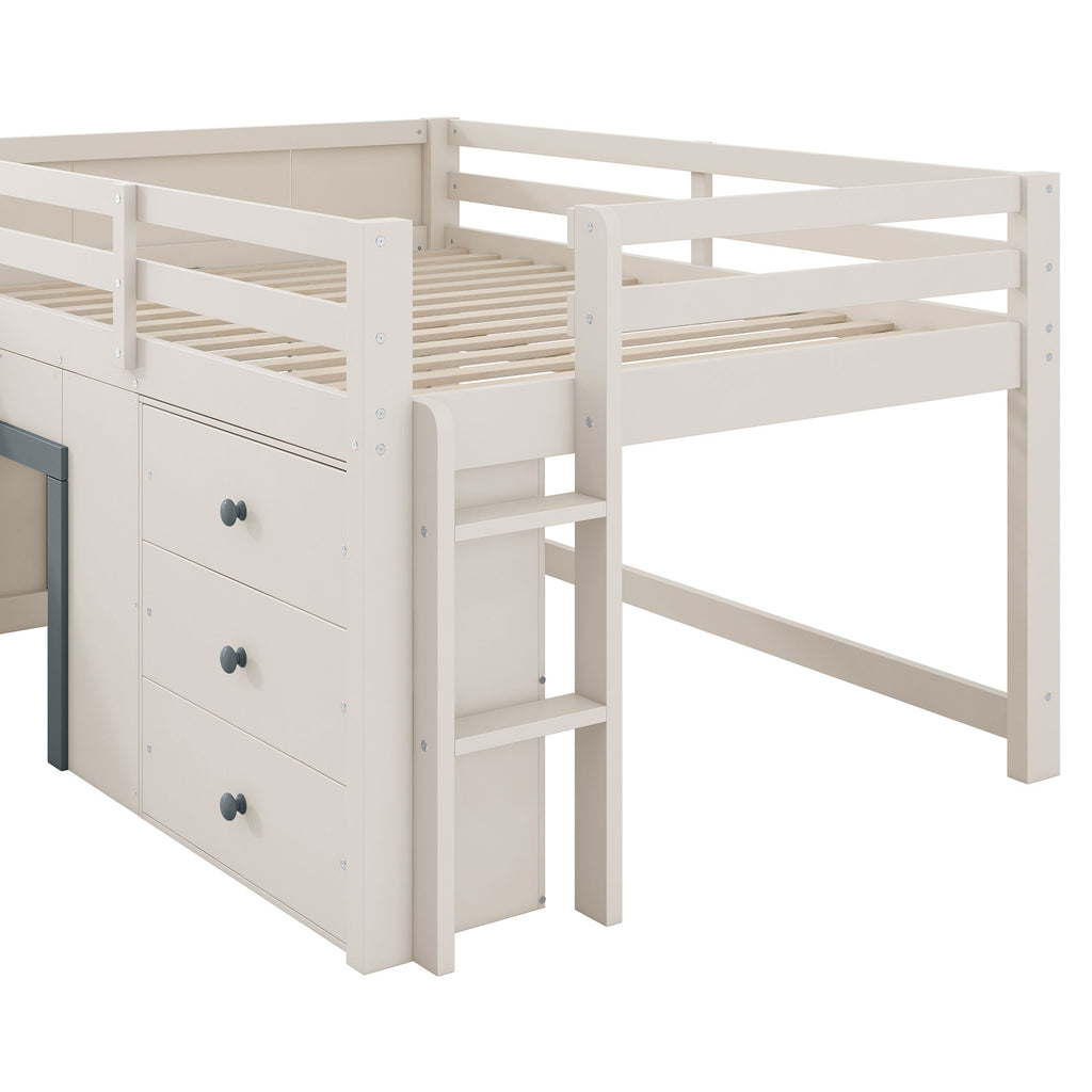 Modern Low Loft Bed With Slide, 3 Storage Drawers, And 2 Doors