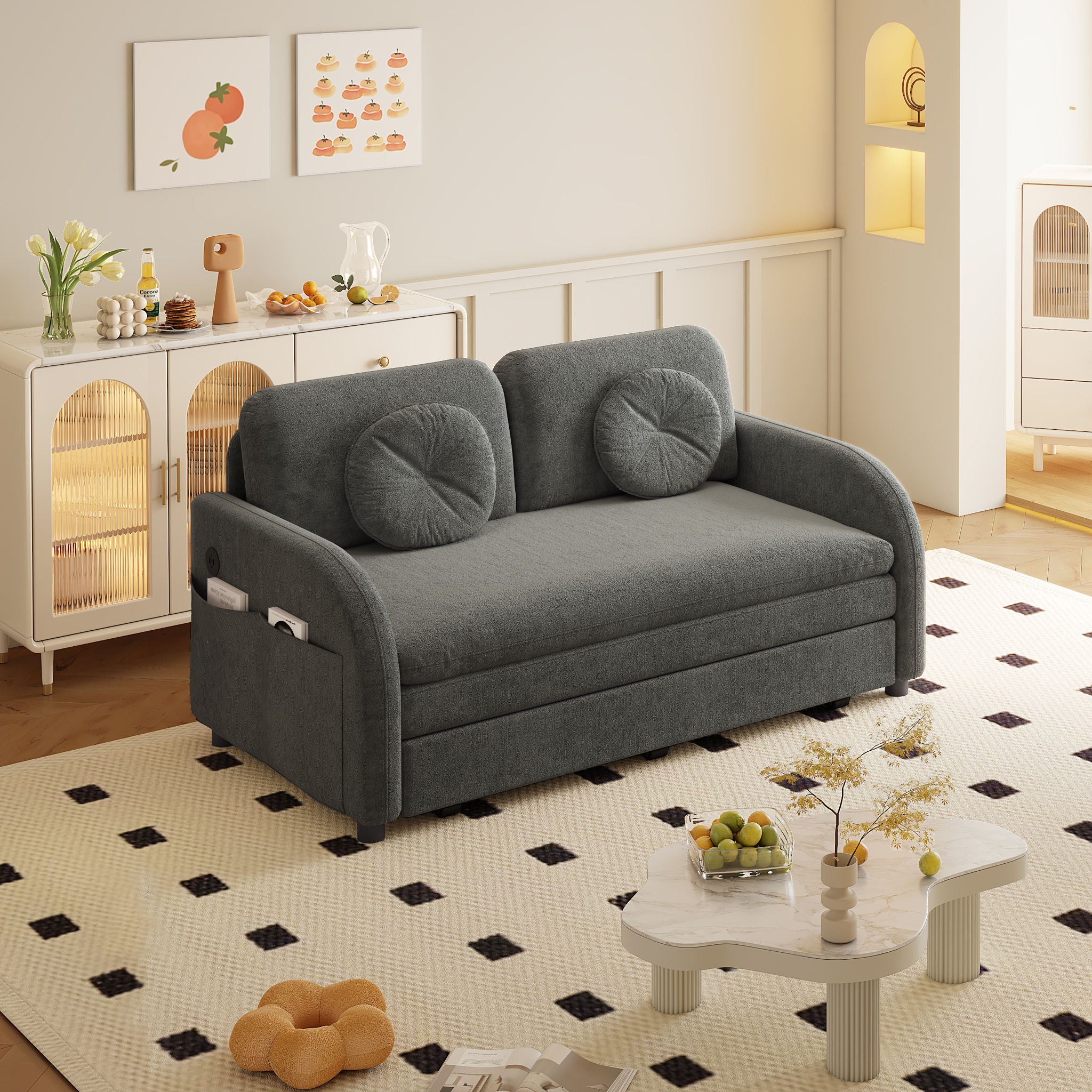 Upholstered Pull Out Couch With Side Pocket & USB Port