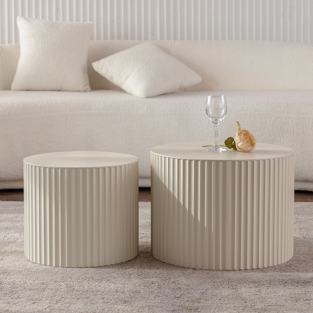 Drum Nesting Coffee Table With Wave Stripe Design For Living Room (Set of 2) - Beige / White