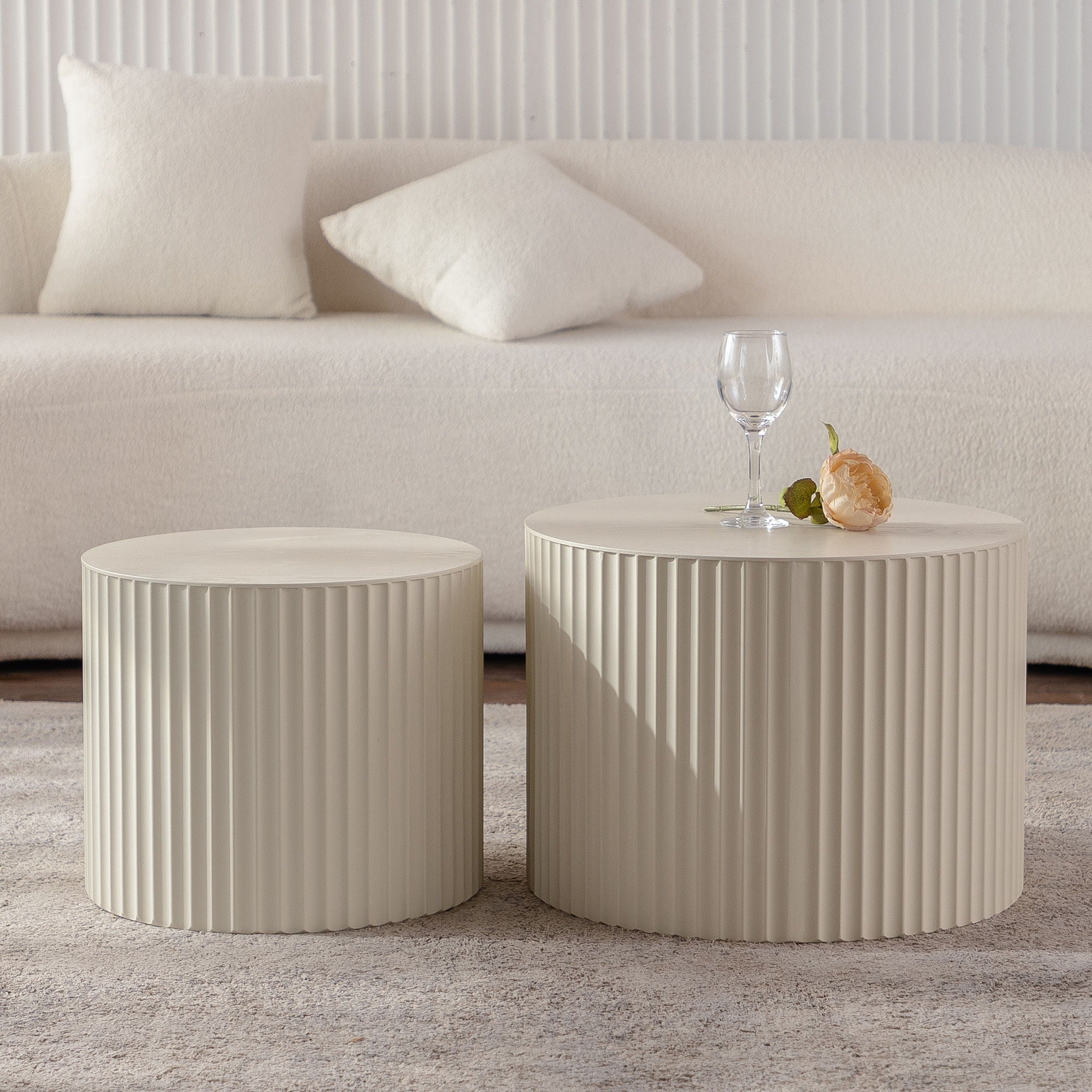 Drum Nesting Coffee Table With Wave Stripe Design For Living Room (Set of 2) - Beige / White
