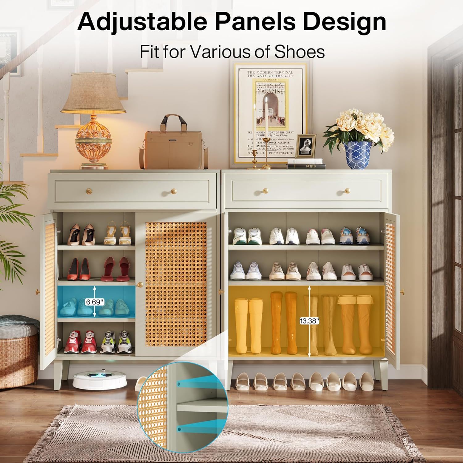 Shoe Cabinet With Rattan Doors And Drawer, 4 Tier Storage Organizer - Mint Green