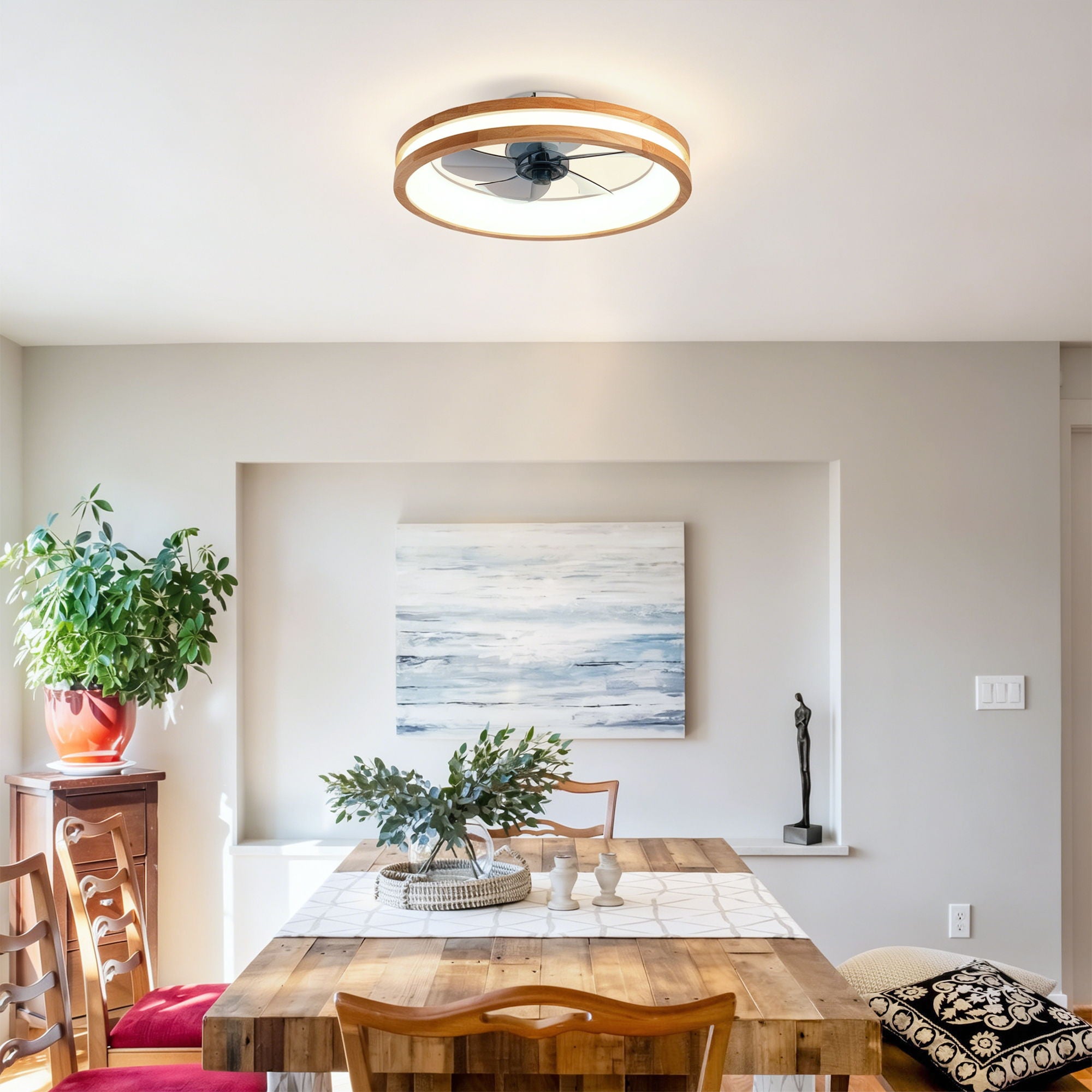 Ceiling Fans With LED Light Source And Remote Control, 3000 - 6500K Dimmable, 6 Speeds, Quiet DC Motor For Living Room - Natural Wood / White