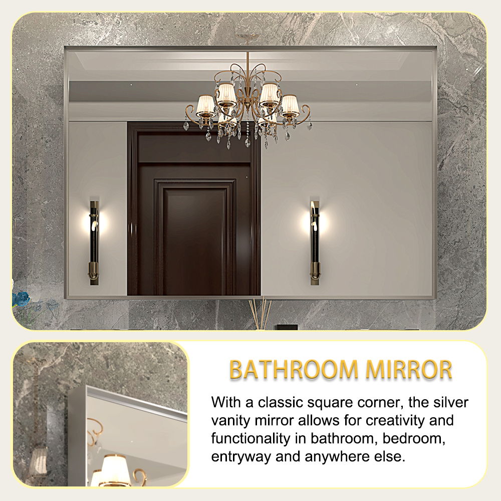 48X30" Wall Mounted Bevel Wall Mirror For Bathroom Silver Metal Frame Decorative Rectangular Home Decor Corner Hangs Farmhouse Mirror (Horizontal & Vertical) - Silver