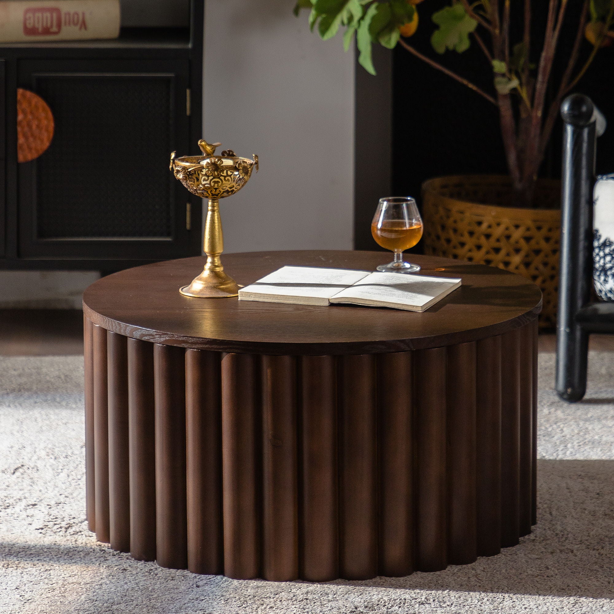Round Coffee Table With Lift Mechanism For Living Room - Walnut