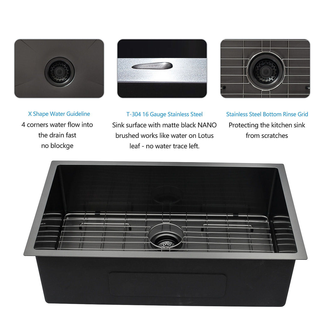 28" Undermount Kitchen Sink 16 Gauge 10" Deep Single Bowl - Gunmetal Black