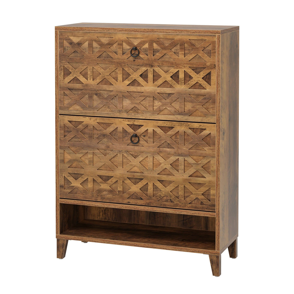 Narrow Shoe Cabinet With 2 Flip Drawers For Entryway Organizer - Rustic Brown