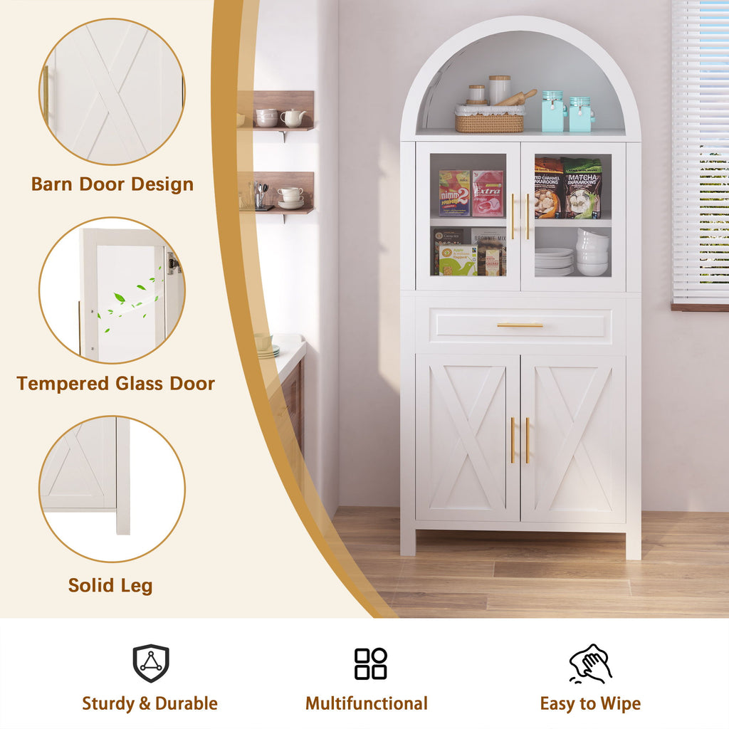 Arched Kitchen Pantry Cabinet With Adjustable Shelves & Barn Door Design