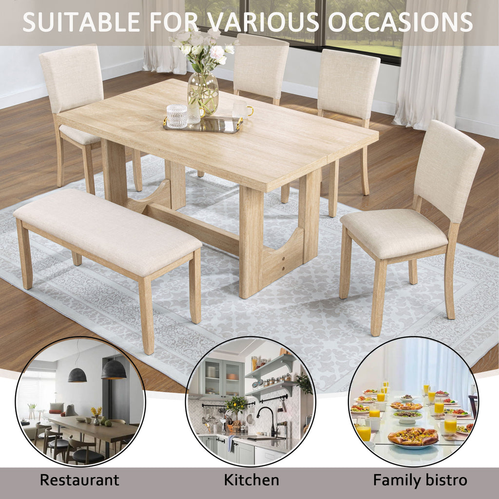 6 Piece Rectangular Kitchen Table Set With Bench And 4 Upholstered Chairs For Kitchen - Light Oak