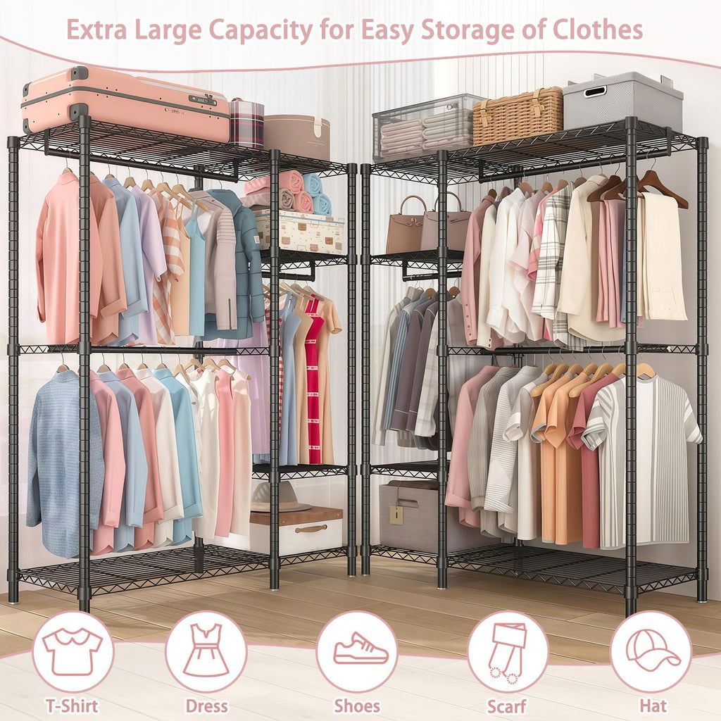 Freestanding Clothes Rack, With 6 Adjustable Wire Shelves And 3 Garment Rails - Black