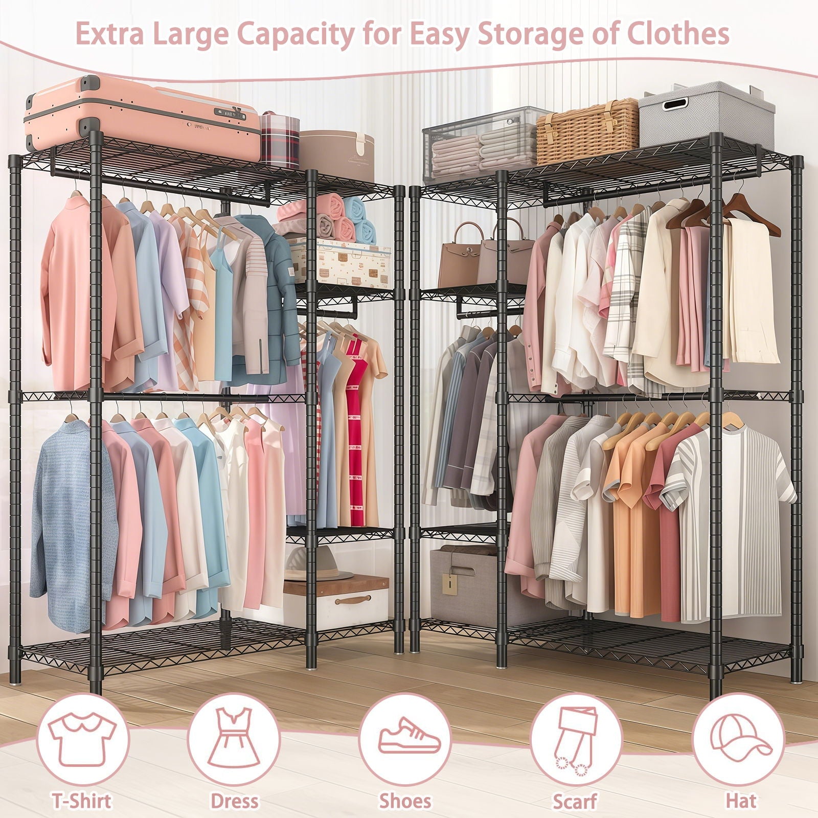 Freestanding Clothes Rack, With 6 Adjustable Wire Shelves And 3 Garment Rails - Black