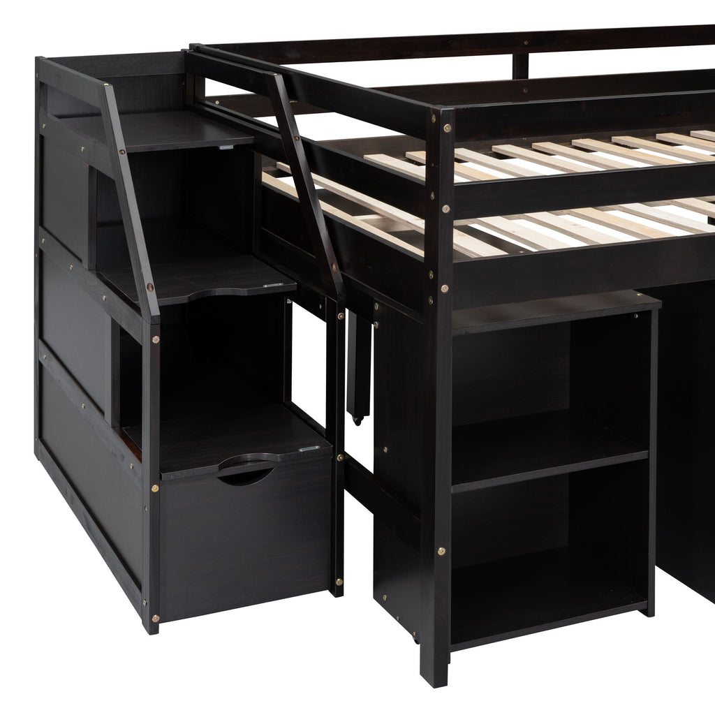 Loft Bed With Retractable Writing Desk And 3 Drawers With Storage Stairs And Shelves