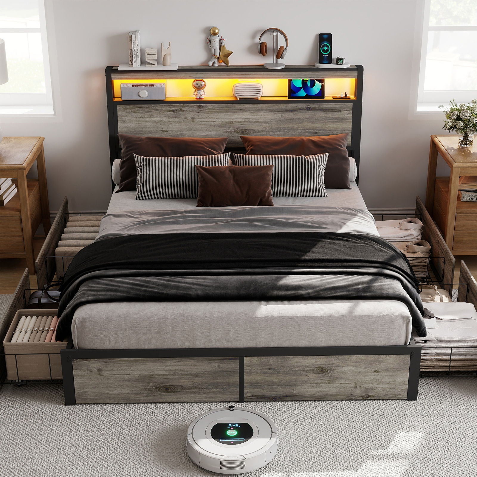 Bed Frame With Headboard, LED Lights & Charging Station