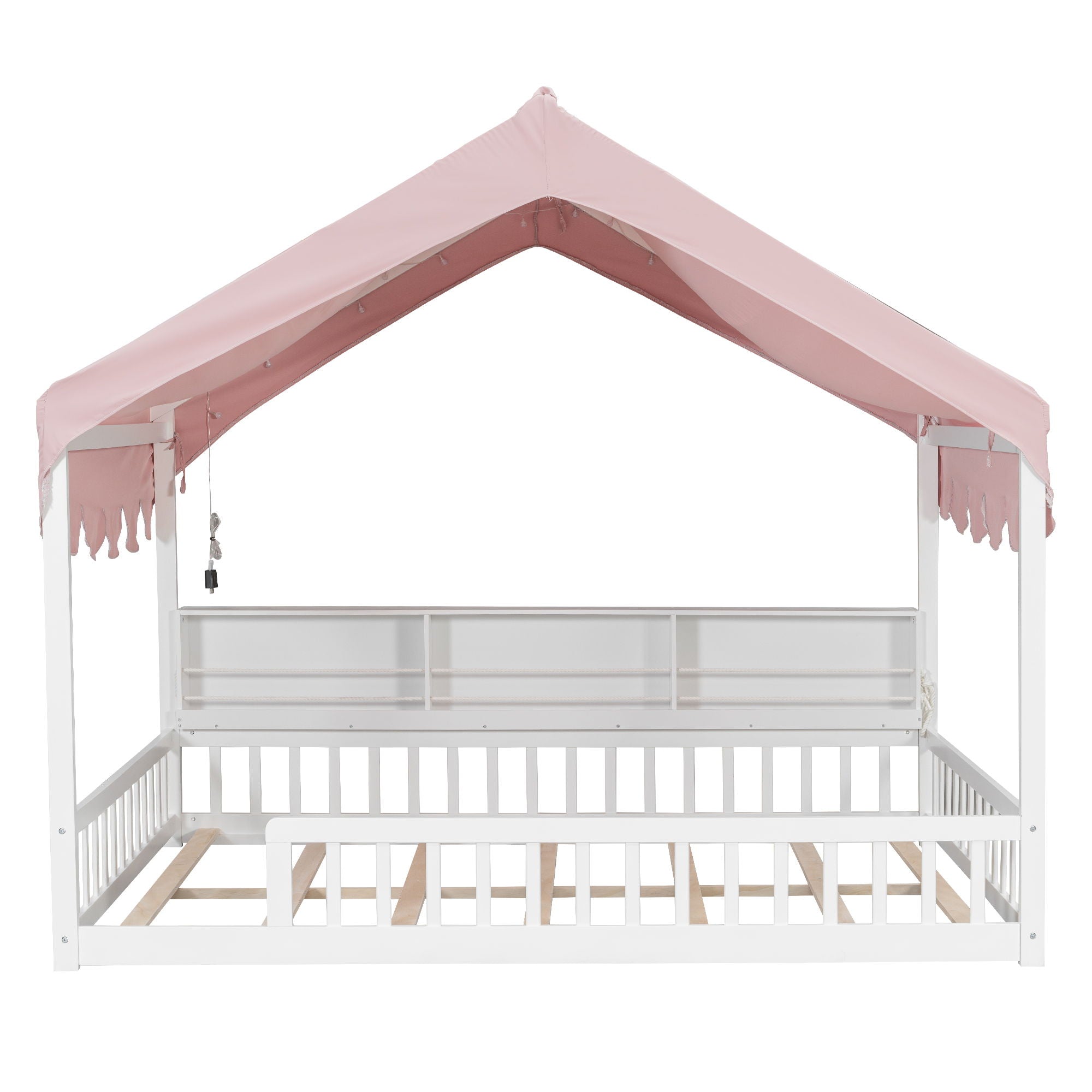 House Shaped Floor Bed With Fense, 3 Storage Bookshelves, Curtain And LED Light