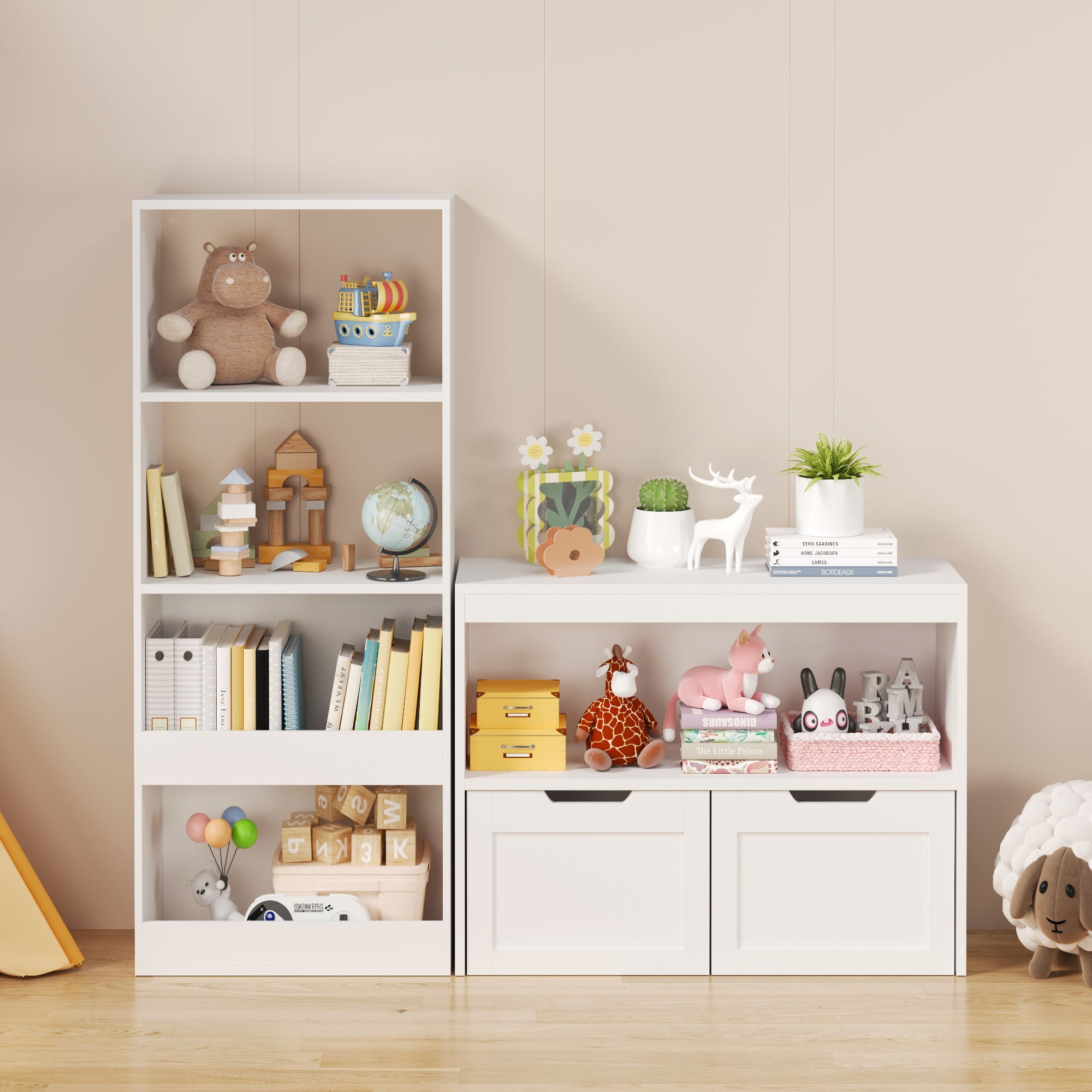 Book Organizer With Large Drawers And Open Shelves, Toy Storage Cabinet With Removable Wheels And Rounded Edges - White