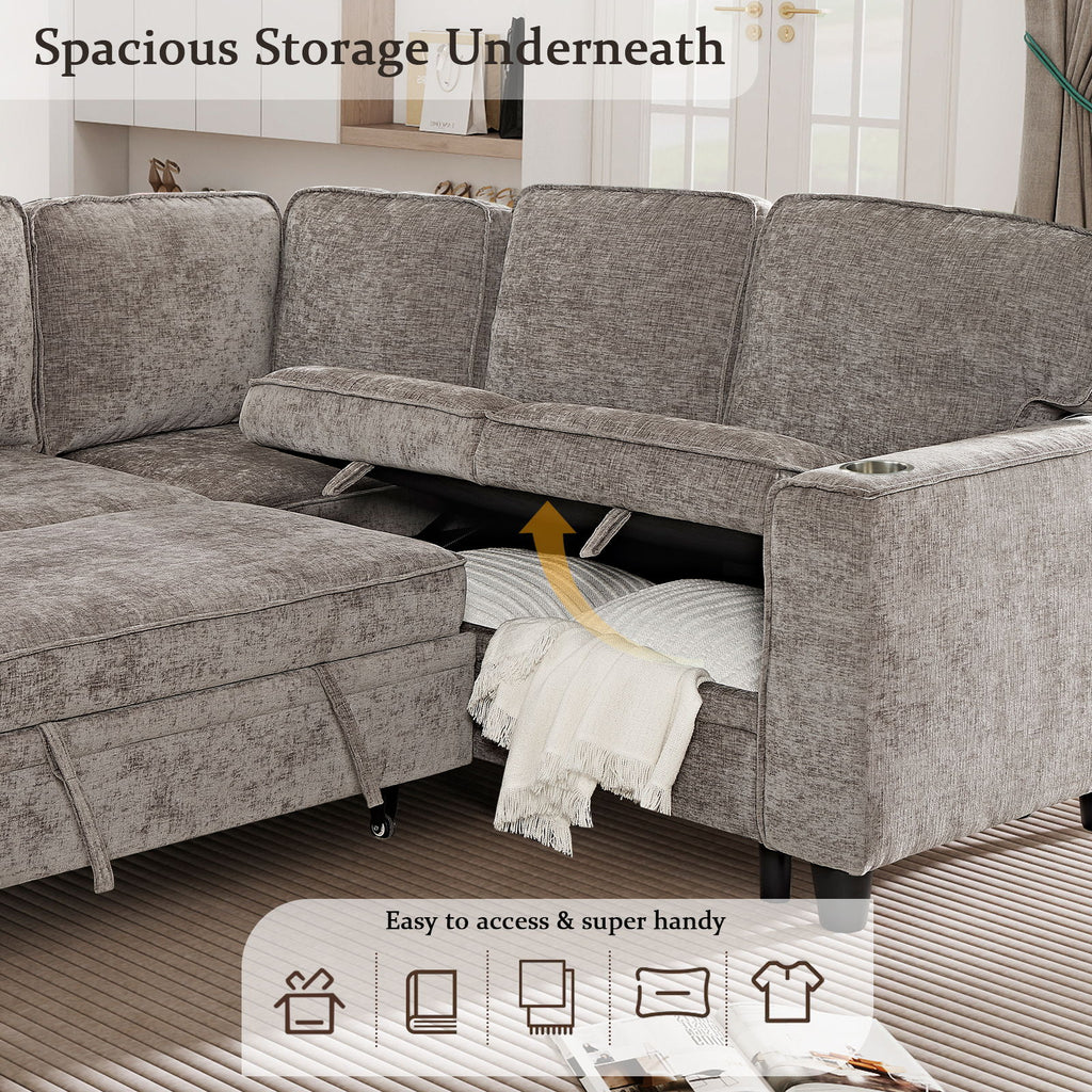 L-Shaped Sofa With Pull Out Sofa Bed With USB