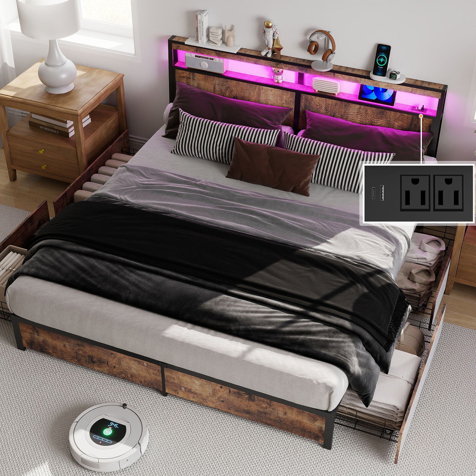 Bed Frame With Headboard, LED Lights & Charging Station